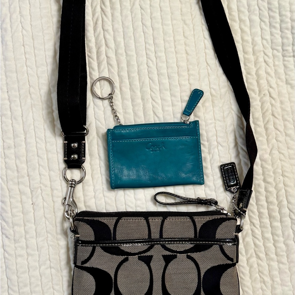 Coach Black and gray signature Crossbody Bag with teal card holder/keychain